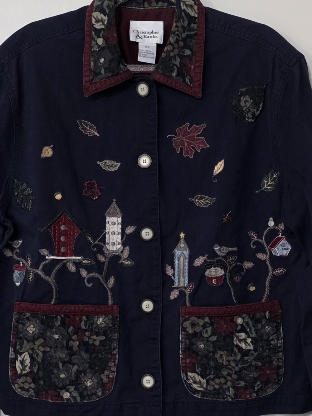 Vintage Embroidered Navy Blue Jacket Autumnal Teacher Core Mori Kei Fall Medium